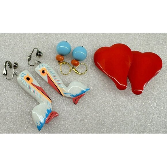 Vtg Clip On Earrings Set Pelican Heart Blue Bead Retro Jewelry Y2K Mixed Lot - Picture 1 of 1